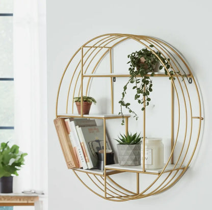 32” Gold Metal/Wood Geometric Hanging Wall Shelf