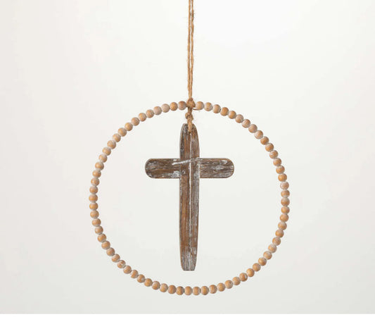 Wood Bead Wreath w/ a Wood Cross