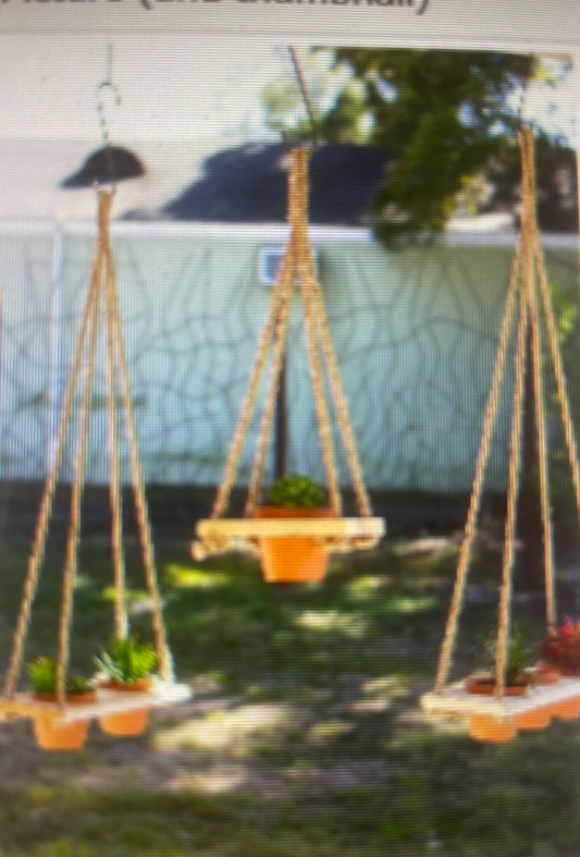 2 Terracotta Pots In A Wood Base Hung By Rope