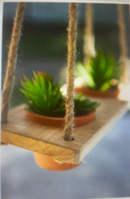 2 Terracotta Pots In A Wood Base Hung By Rope