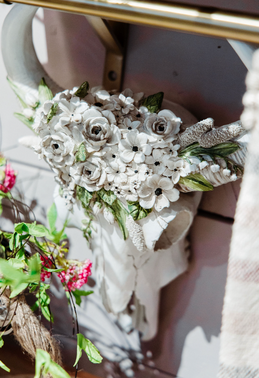 White Resin Textured Bull Scull with White Flowers
