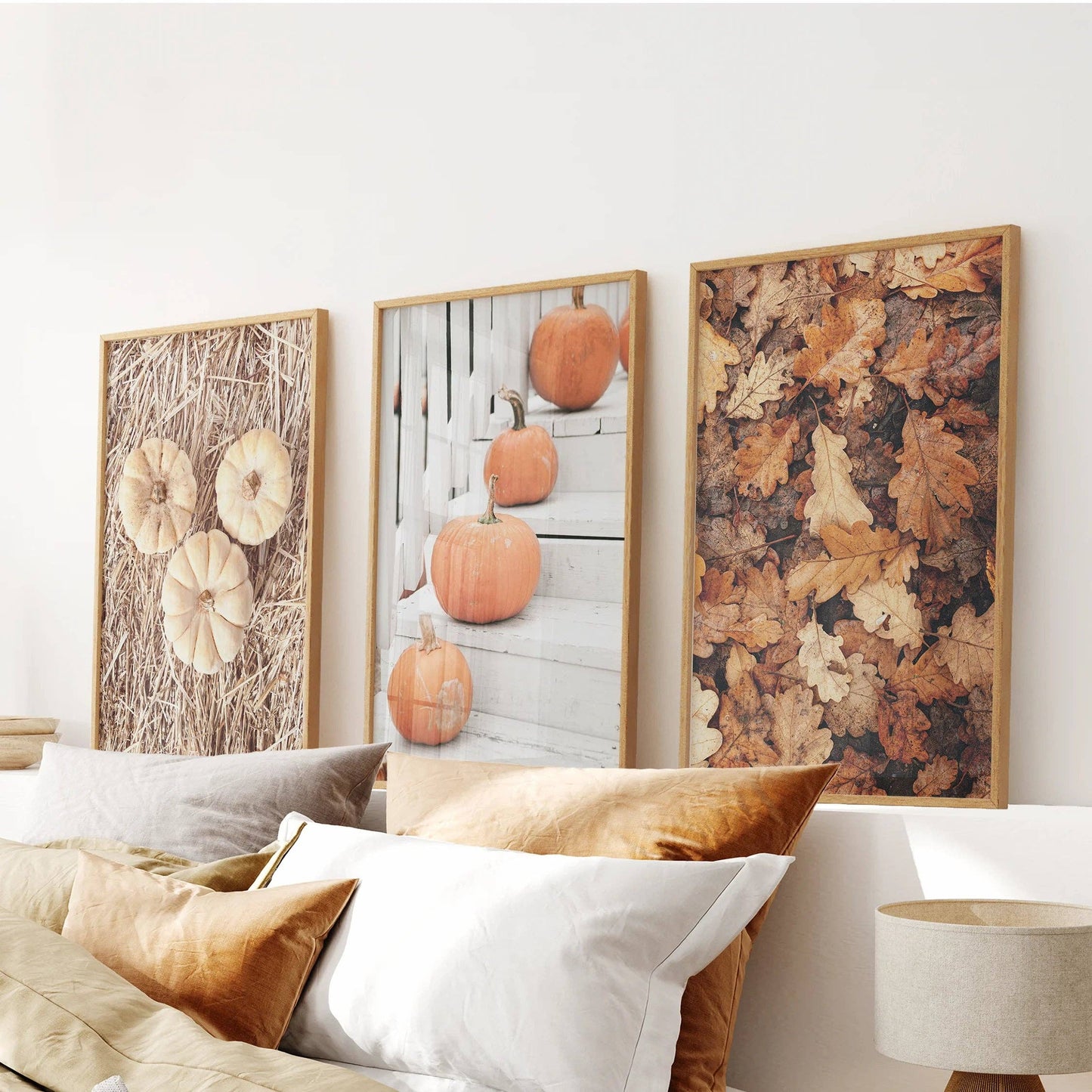 8” x 10” Cozy Fall Wall Art. Pumpkins and Autumn Leaves-Set/3-No Frames