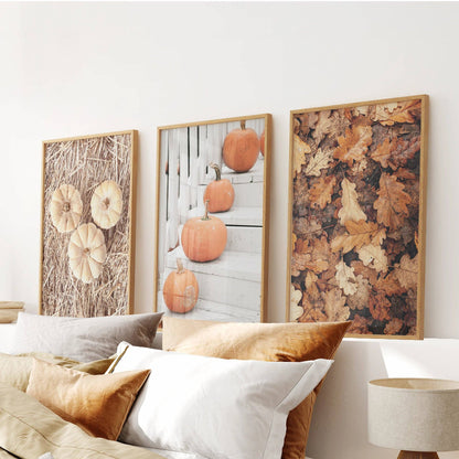 8” x 10” Cozy Fall Wall Art. Pumpkins and Autumn Leaves-Set/3-No Frames