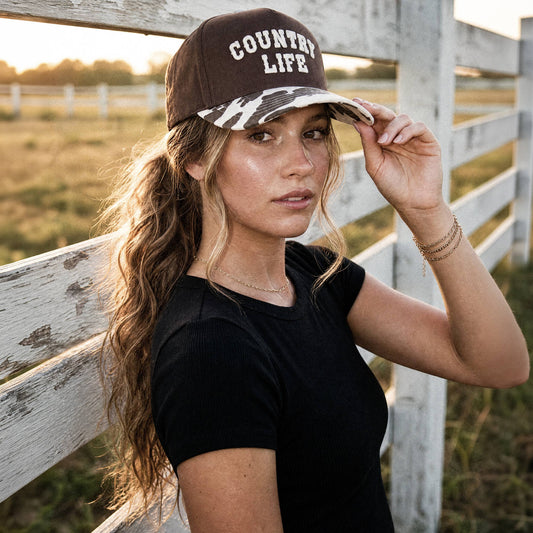 C.C COUNTRY LIFE Two Tone Cow Pattern Bill Trucker Hat