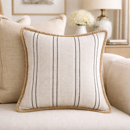 Neutral Striped Throw Pillow with Braided Trim
