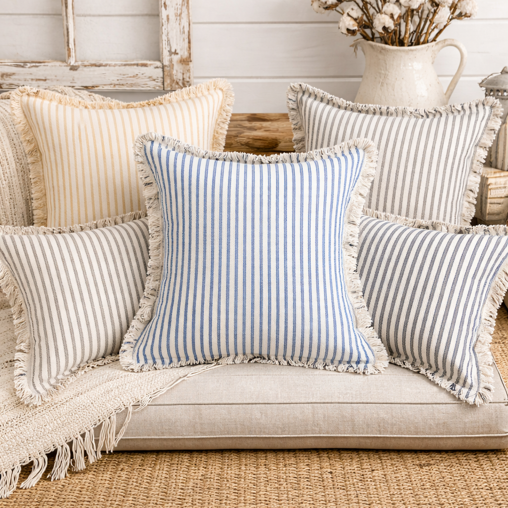 Coastal Striped Cotton Blend Throw Pillow
