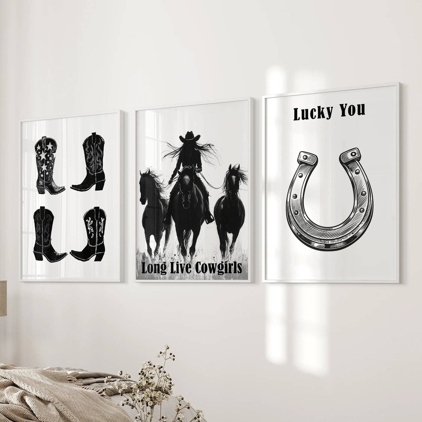 8” x 10” Black White Western Cowgirl Wall Art. Rustic Ranch Decor-set/3-No Frames