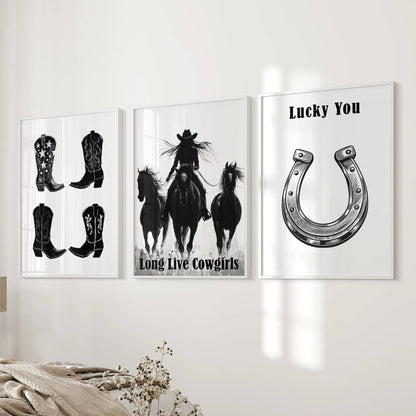 8” x 10” Black White Western Cowgirl Wall Art. Rustic Ranch Decor-set/3-No Frames