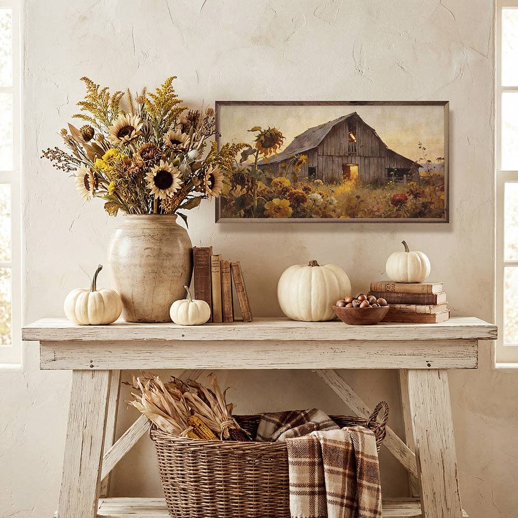 Weathered Barn In Sunflower Autumn Field