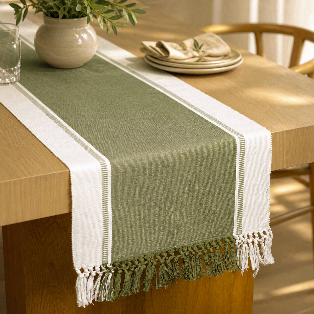 Reed Table Runner, Olive Green-Ivory, 14x72 Inch