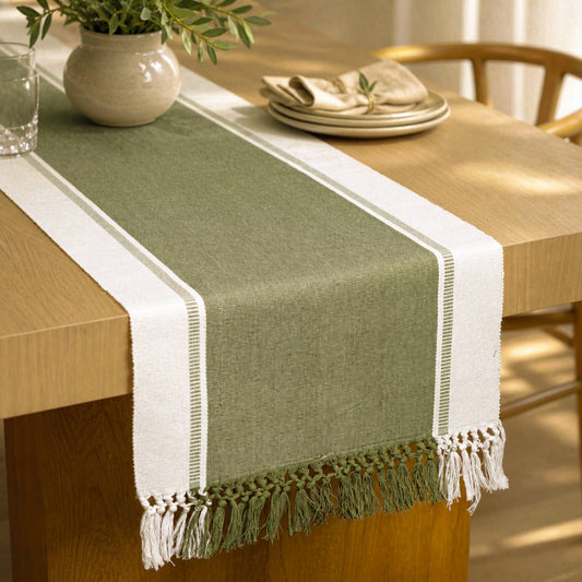 Reed Table Runner, Olive Green-Ivory, 14x72 Inch