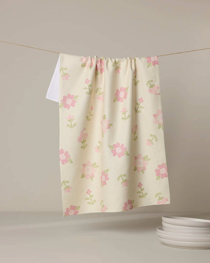 Cross Stitch Floral Yellow Tea Towel