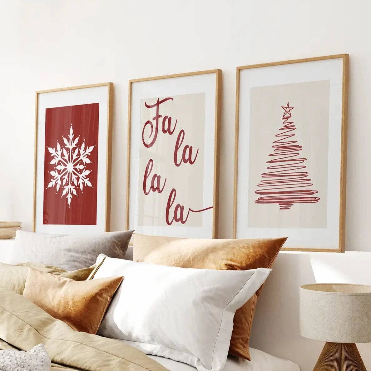 8” x 10” Wall Art Christmas Decoration. Modern Red Xmas Print-Set/3-No Frames