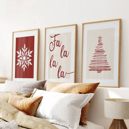 8” x 10” Wall Art Christmas Decoration. Modern Red Xmas Print-Set/3-No Frames