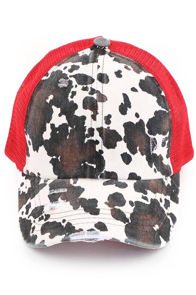 C.C Cow Print Mesh Criss Cross Ponytail Baseball Cap
