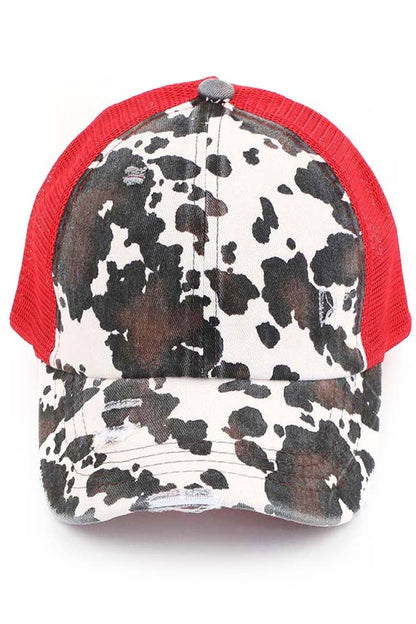 C.C Cow Print Mesh Criss Cross Ponytail Baseball Cap