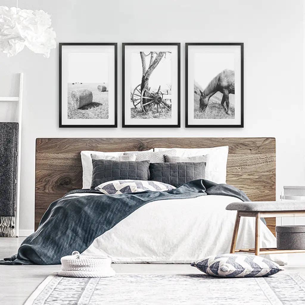 8” x 10” Black White Farm House Wall Décor. Horse Print. Hay Bales-Sold seperately-No Frame