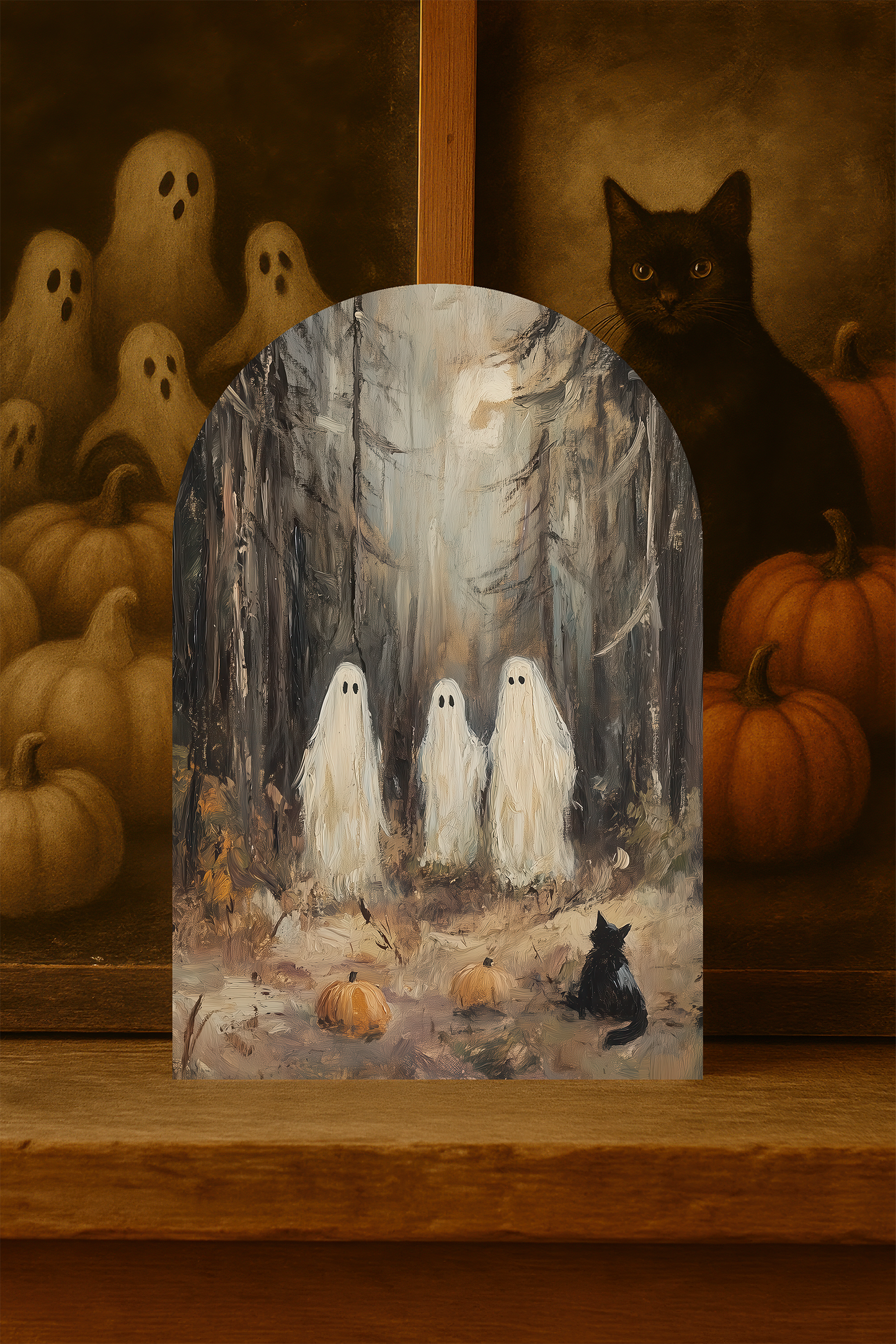 Ghost Gathering Arch Sign – Forest Halloween with Black Cat