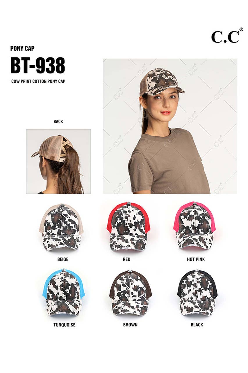 C.C Cow Print Mesh Criss Cross Ponytail Baseball Cap