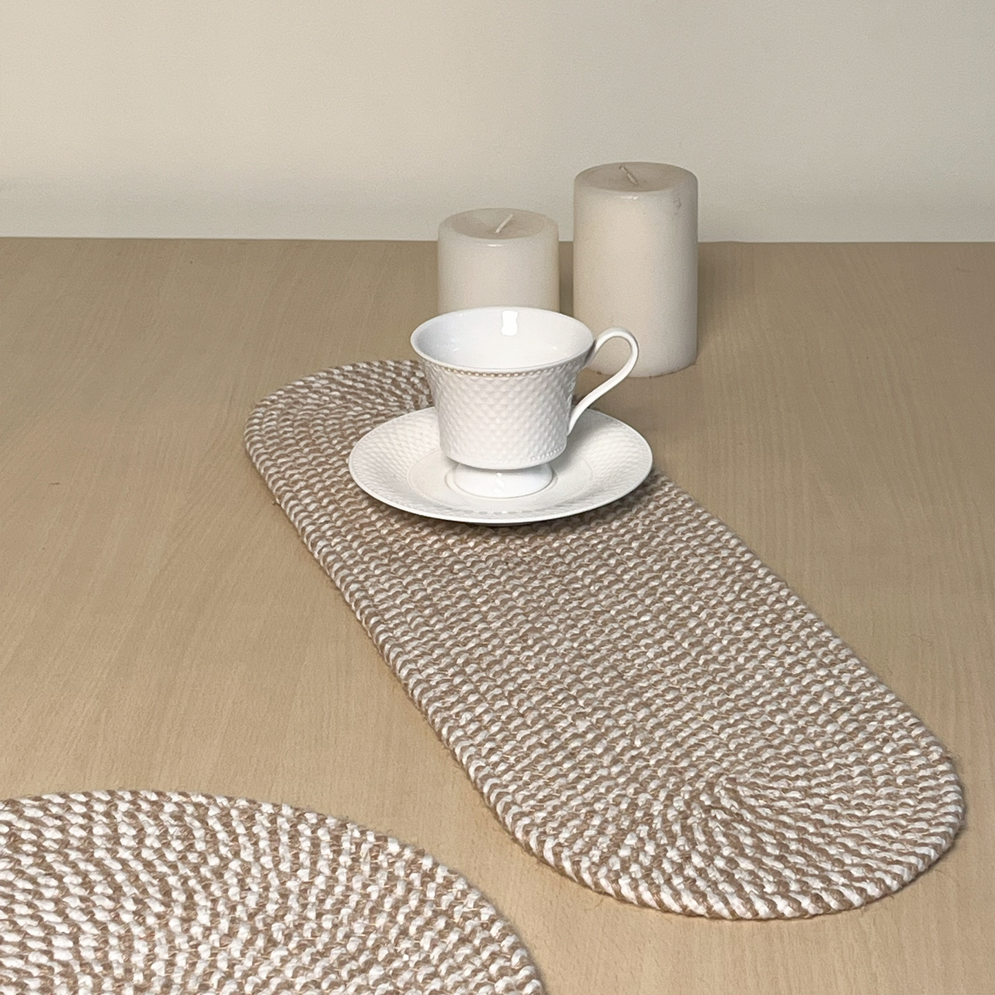 Handbraided Jute & Cotton Oval Table Runner White, 8x24 Inch