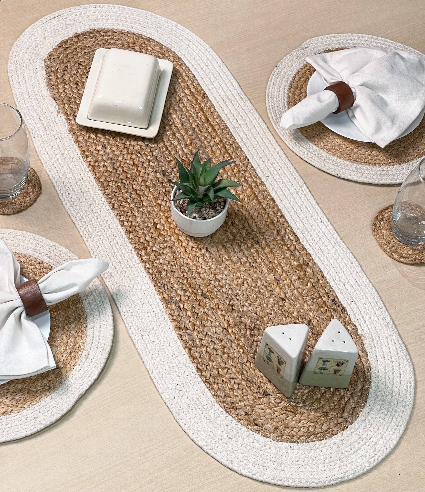 VERONA JUTE BORDER OVAL TABLE RUNNER-NAT-IVORY, 13''x36''