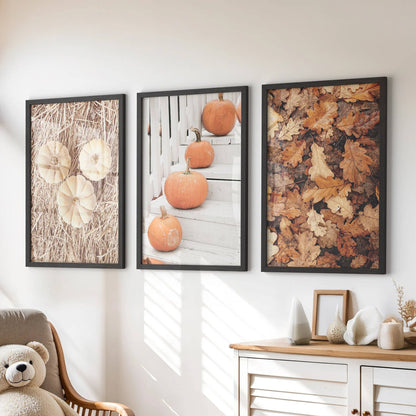 8” x 10” Cozy Fall Wall Art. Pumpkins and Autumn Leaves-Set/3-No Frames