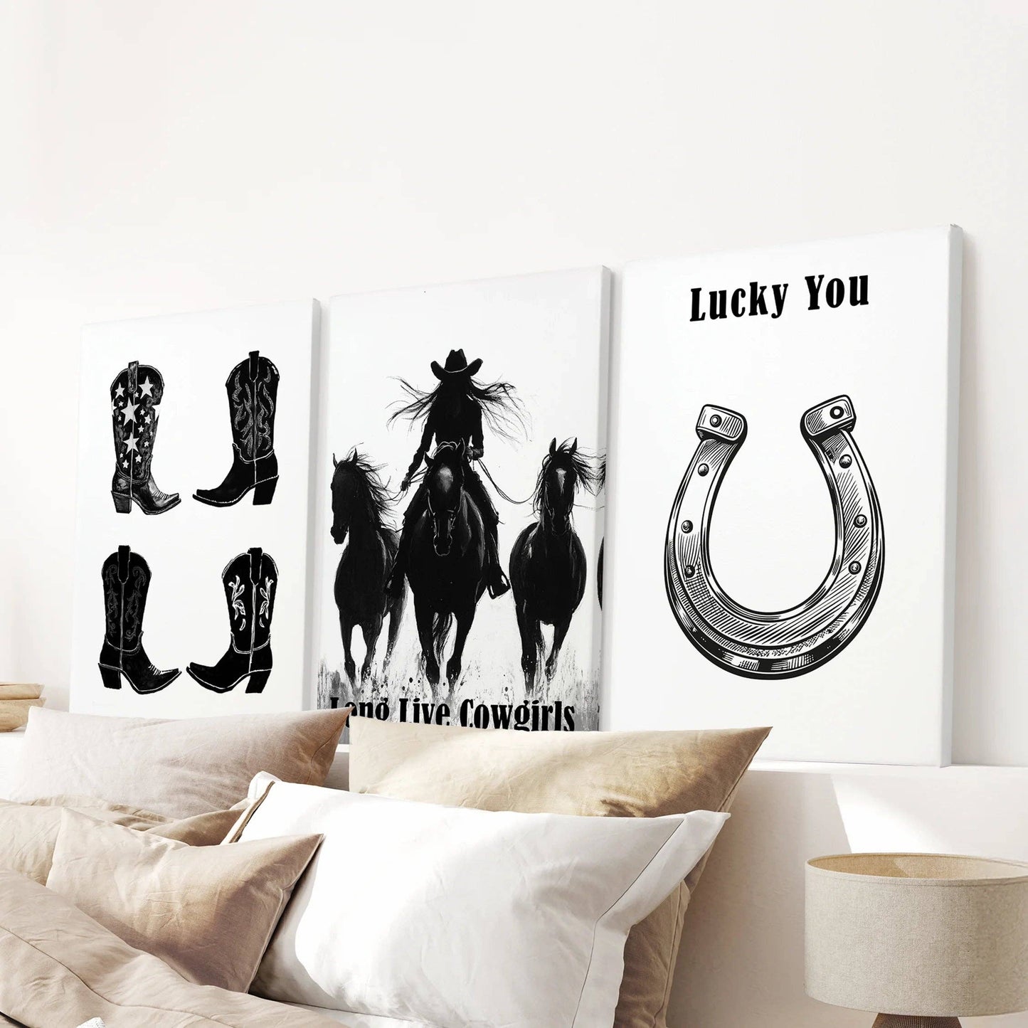 8” x 10” Black White Western Cowgirl Wall Art. Rustic Ranch Decor-set/3-No Frames