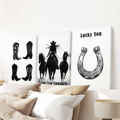 8” x 10” Black White Western Cowgirl Wall Art. Rustic Ranch Decor-set/3-No Frames