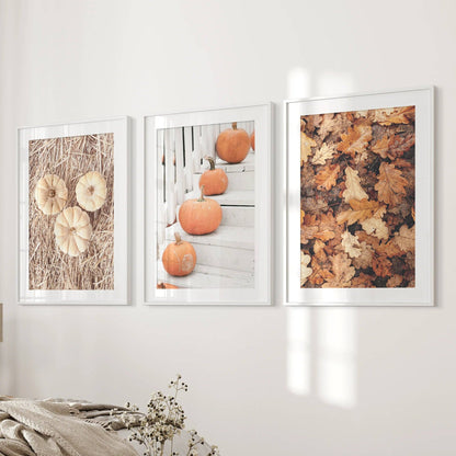 8” x 10” Cozy Fall Wall Art. Pumpkins and Autumn Leaves-Set/3-No Frames