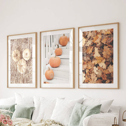 8” x 10” Cozy Fall Wall Art. Pumpkins and Autumn Leaves-Set/3-No Frames