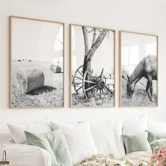 8” x 10” Black White Farm House Wall Décor. Horse Print. Hay Bales-Sold seperately-No Frame