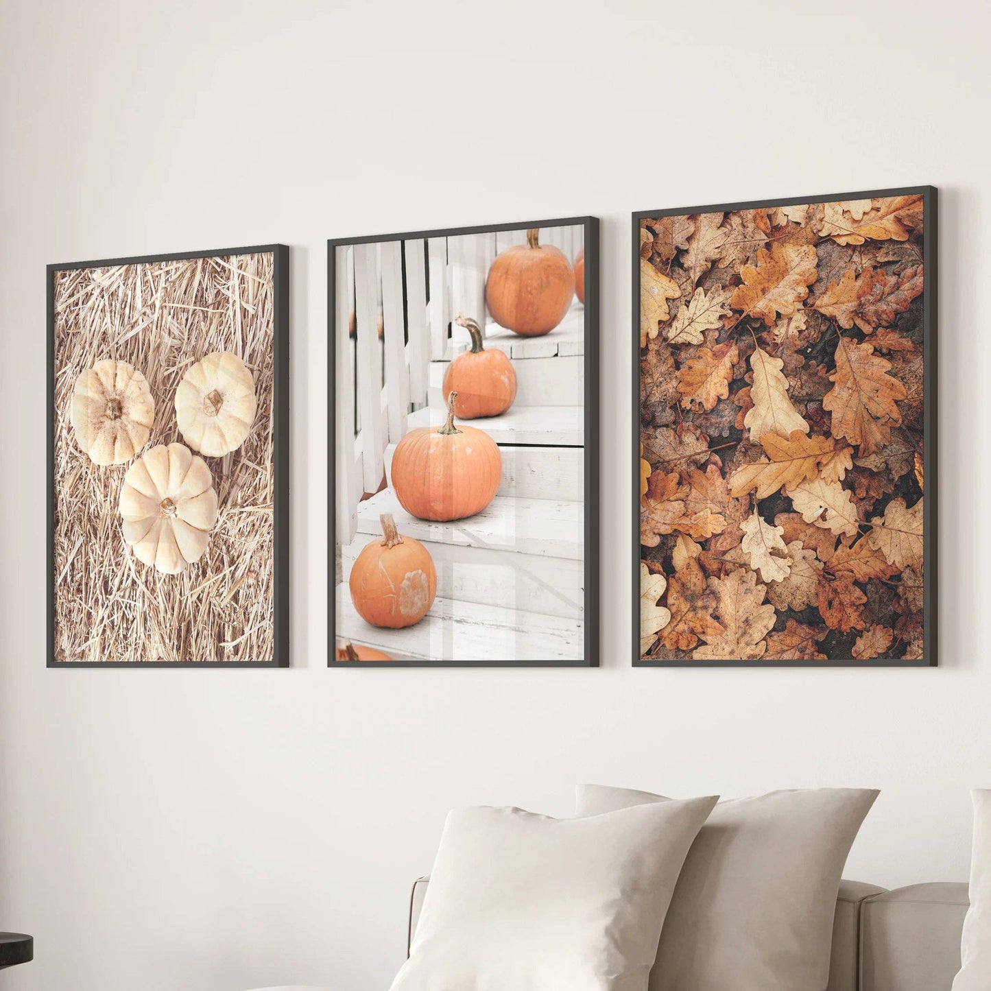 8” x 10” Cozy Fall Wall Art. Pumpkins and Autumn Leaves-Set/3-No Frames