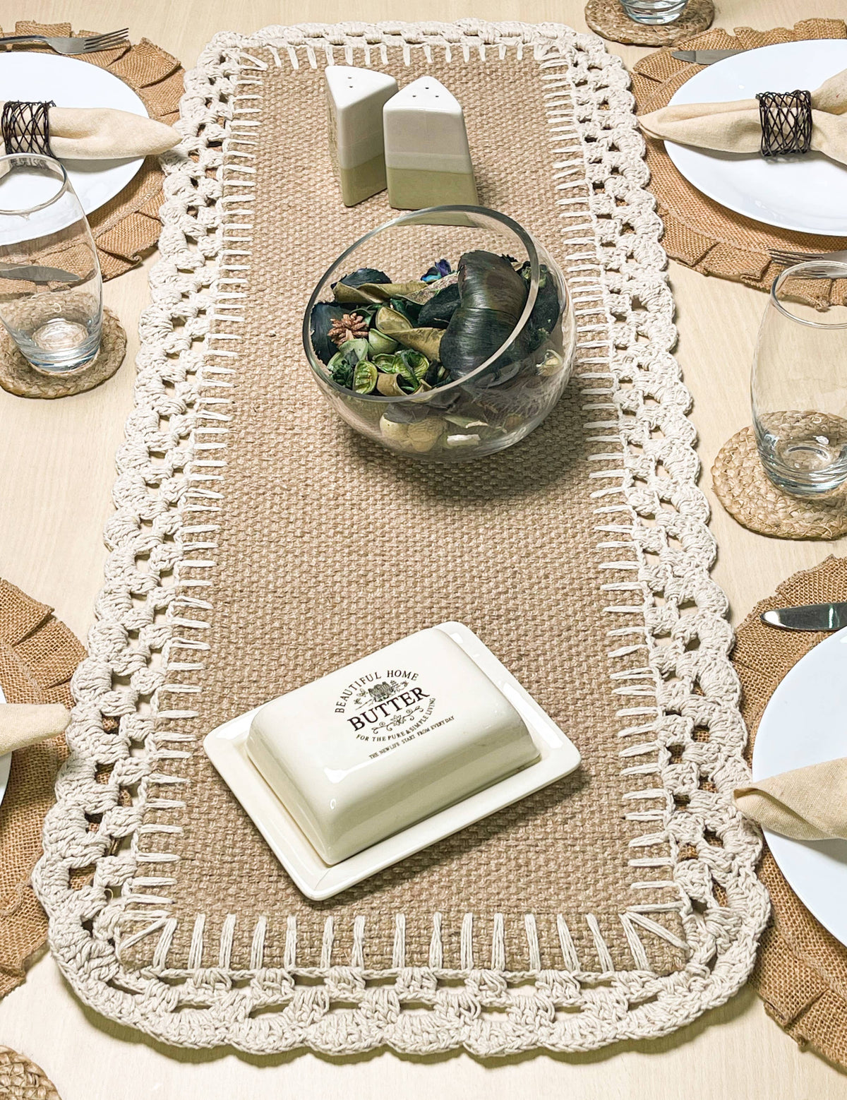 JUTE CROCHET TABLE RUNNER, JUTE-IVORY, 13''x36''