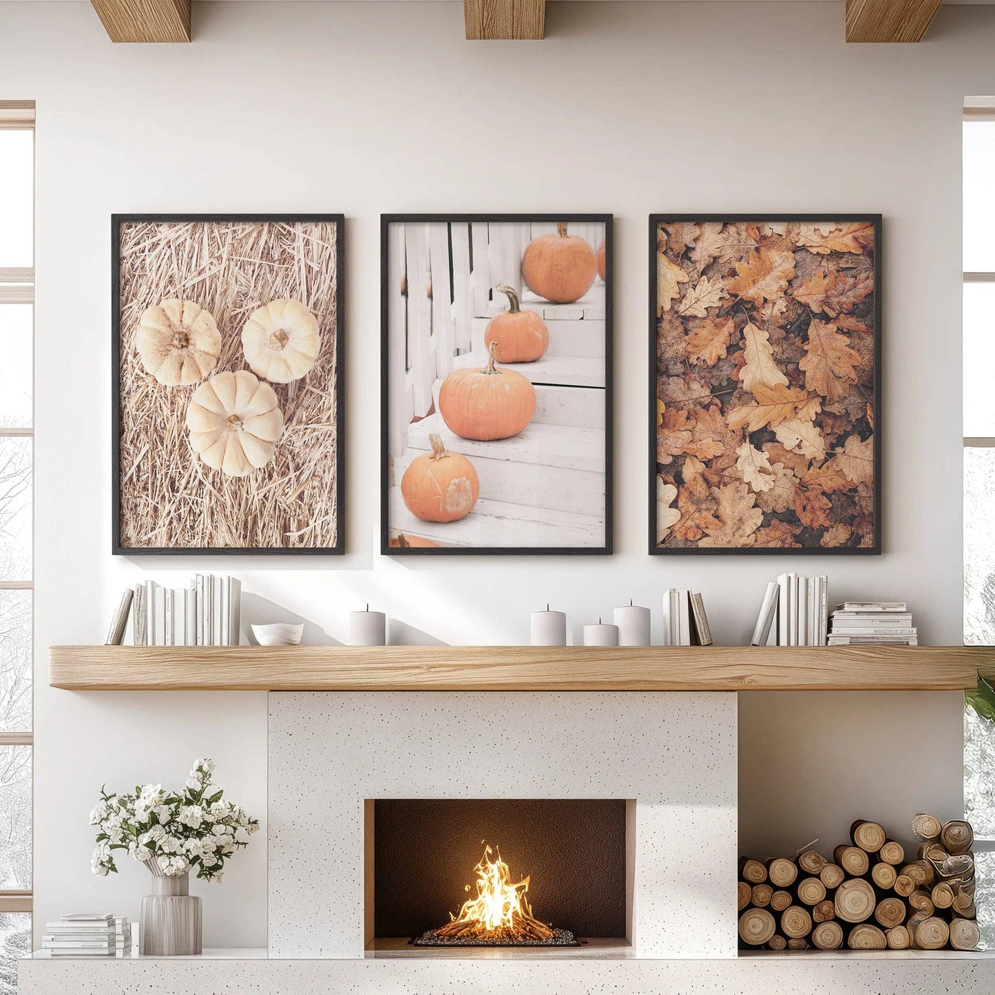 8” x 10” Cozy Fall Wall Art. Pumpkins and Autumn Leaves-Set/3-No Frames