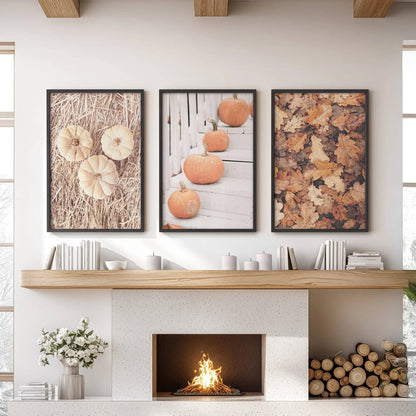 8” x 10” Cozy Fall Wall Art. Pumpkins and Autumn Leaves-Set/3-No Frames