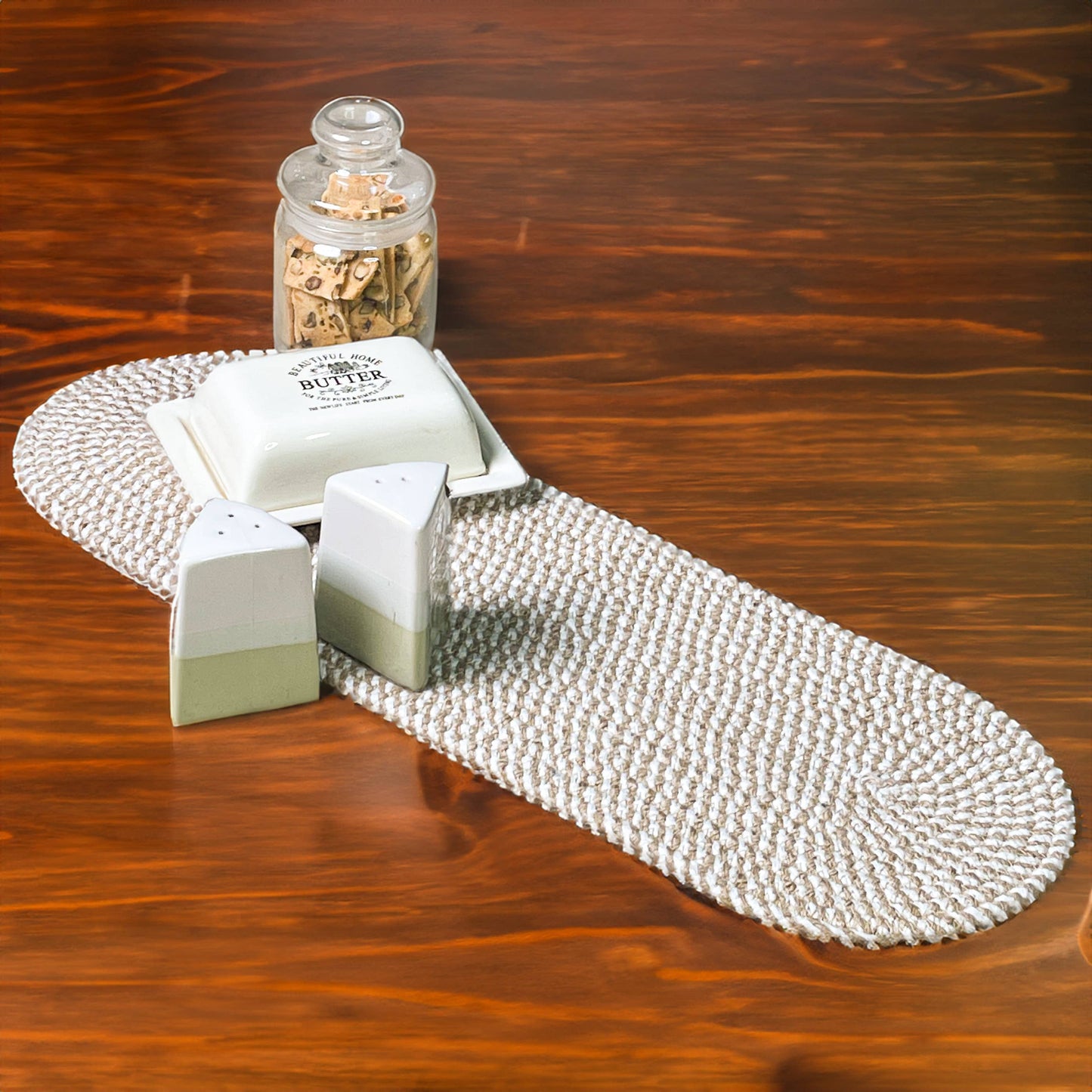 Handbraided Jute & Cotton Oval Table Runner White, 8x24 Inch