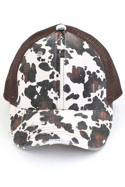 C.C Cow Print Mesh Criss Cross Ponytail Baseball Cap