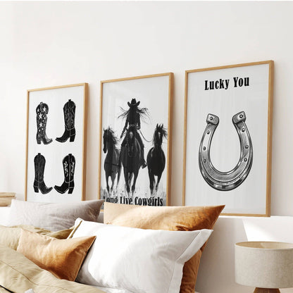 8” x 10” Black White Western Cowgirl Wall Art. Rustic Ranch Decor-set/3-No Frames