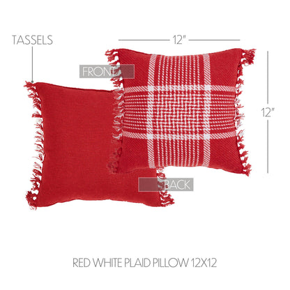 Red White Plaid Filled Fringe Throw Pillow 12x12 Eston