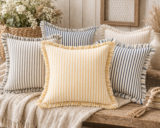 Neutral Striped Cotton Blend Throw Pillow
