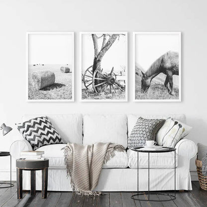 8” x 10” Black White Farm House Wall Décor. Horse Print. Hay Bales-Sold seperately-No Frame