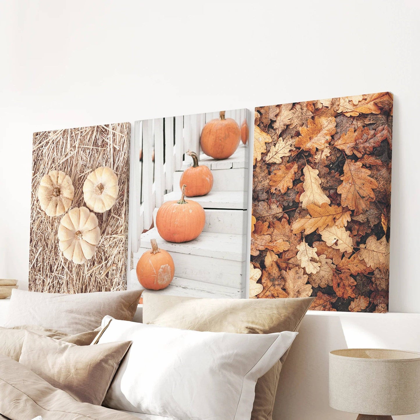 8” x 10” Cozy Fall Wall Art. Pumpkins and Autumn Leaves-Set/3-No Frames