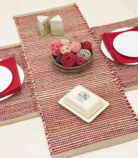 OMBRE TABLE RUNNER, NATURAL JUTE-RED, 13''x36''.