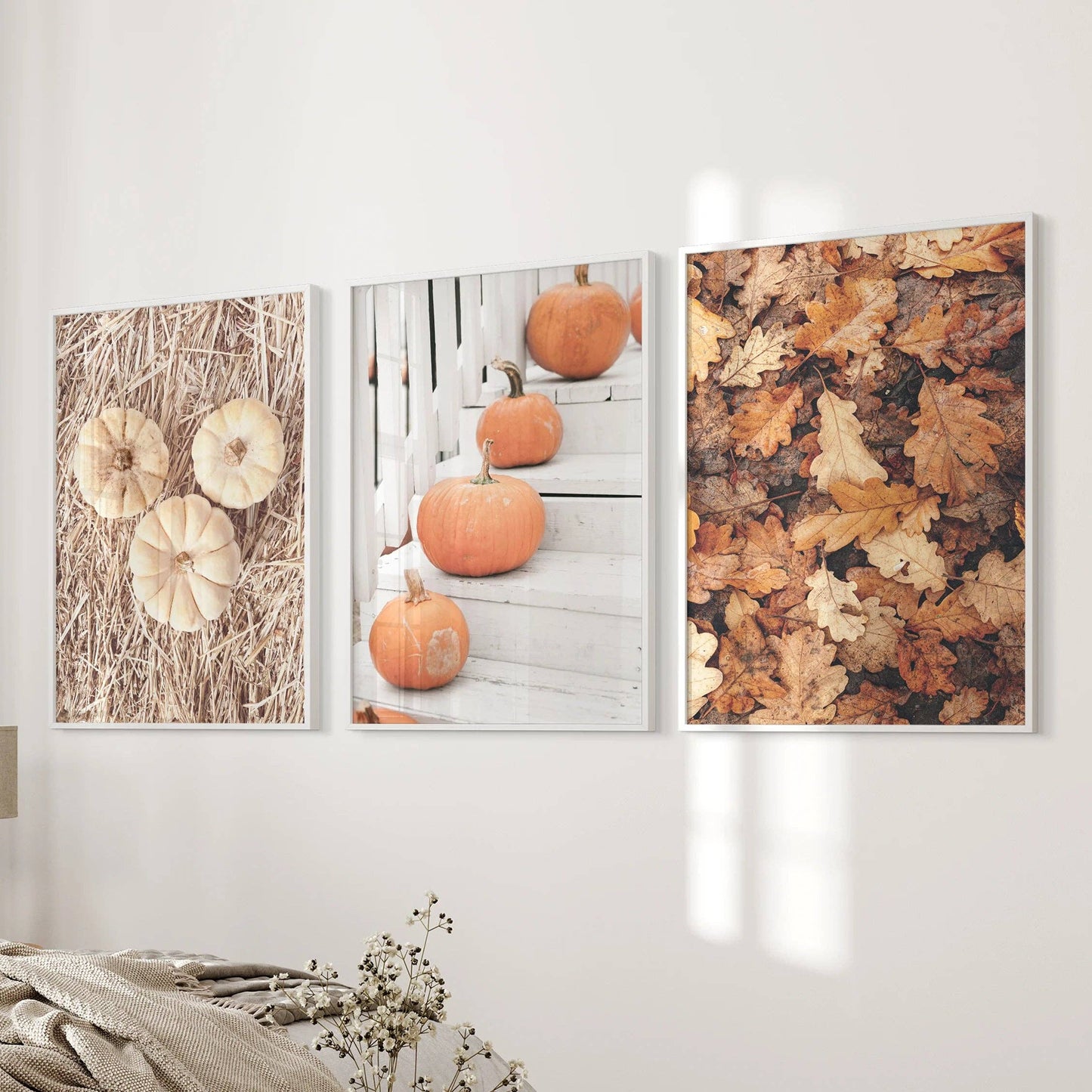 8” x 10” Cozy Fall Wall Art. Pumpkins and Autumn Leaves-Set/3-No Frames