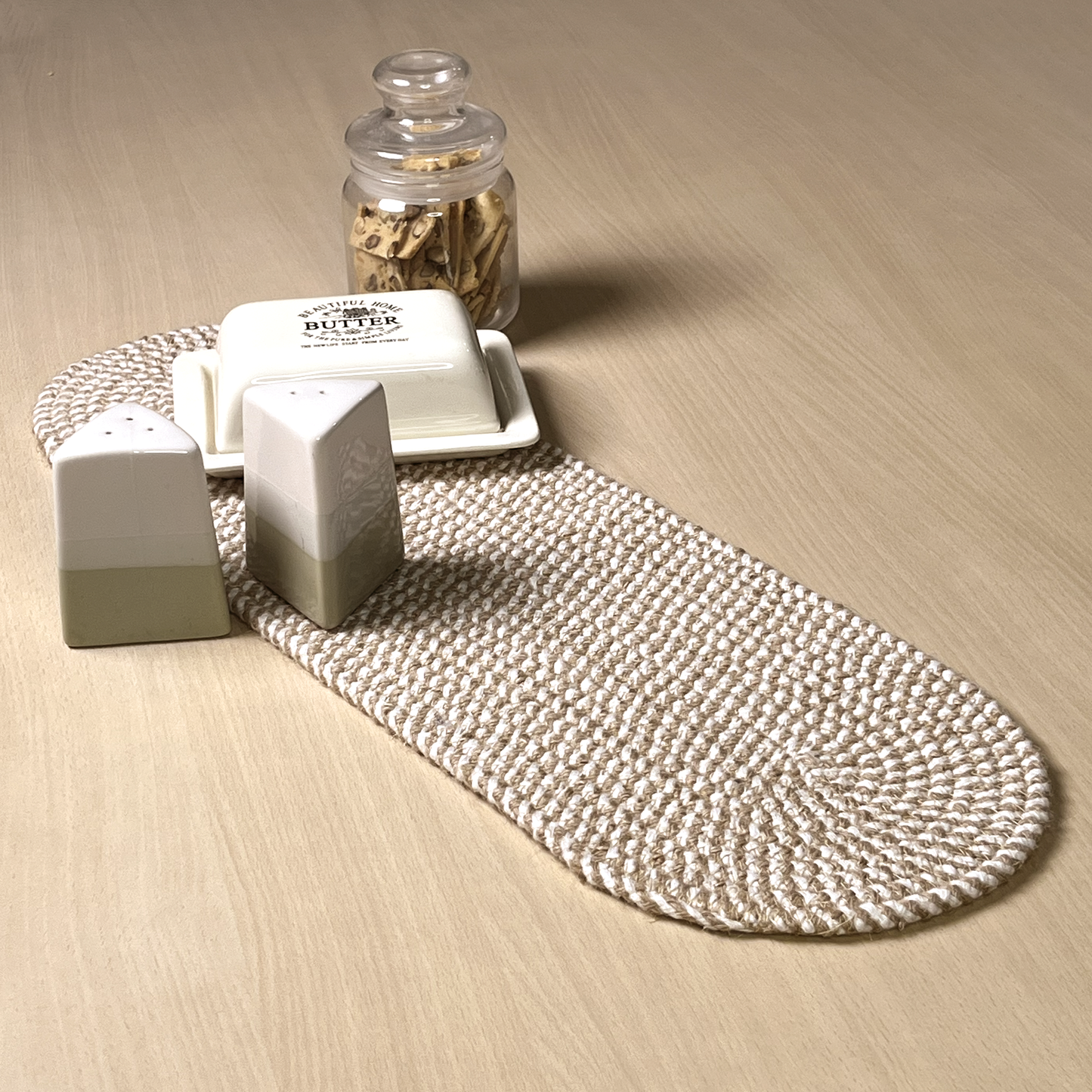 Handbraided Jute & Cotton Oval Table Runner White, 8x24 Inch