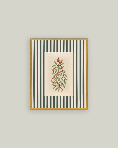 Holly Bells on Stripes Framed Antique Art