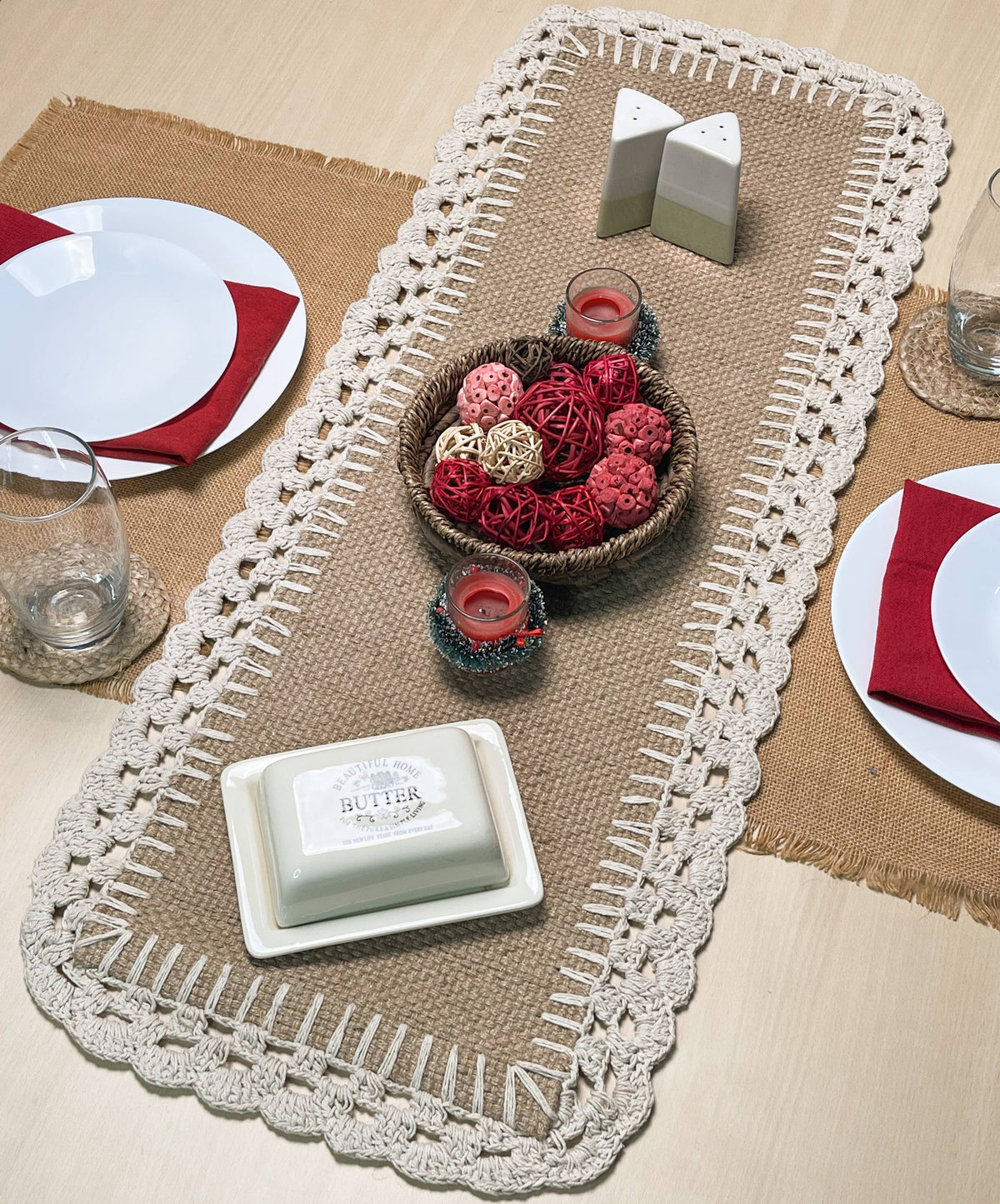 JUTE CROCHET TABLE RUNNER, JUTE-IVORY, 13''x36''