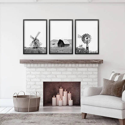 8” x 10” Black White Farm Style Print. Windmill, Barn Poster-sold seperately-No Frame