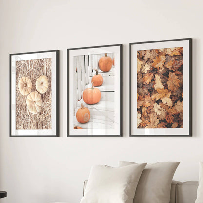 8” x 10” Cozy Fall Wall Art. Pumpkins and Autumn Leaves-Set/3-No Frames