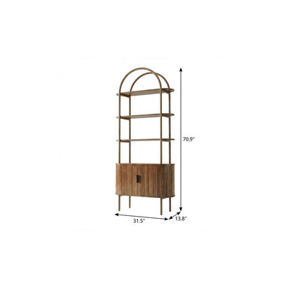 71" Brown Steel and Wood Four Tier Etagere Bookcase with Two Doors